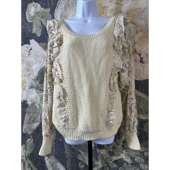 NWT | By Anthropologie Printed-Sleeve Ruffle Sweater Size Large - Picture 5 of 9